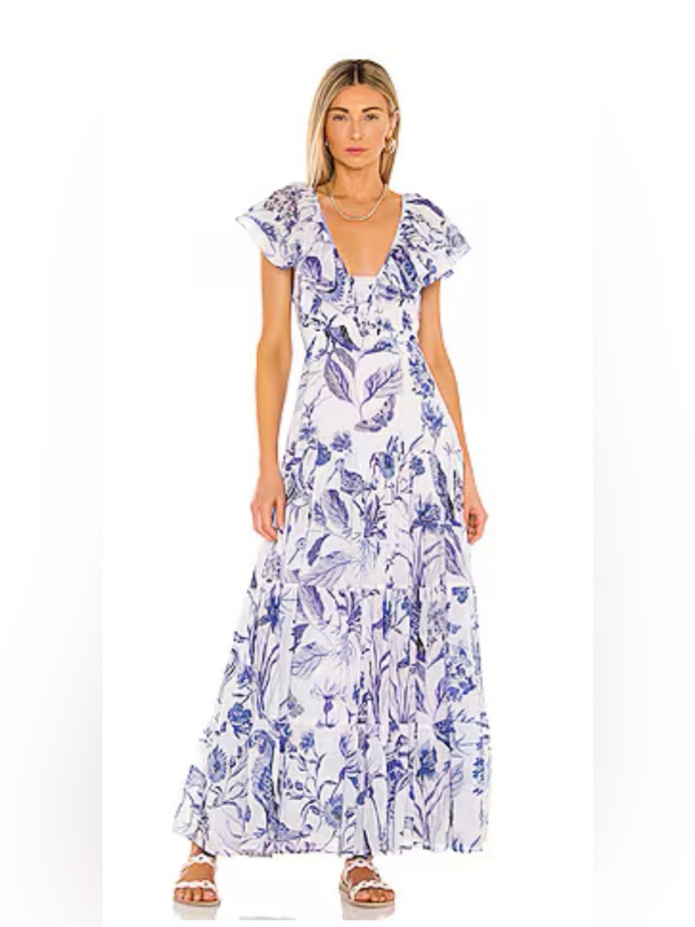 Banjanan White Maxi Dress with Blue Floral Print 100% Cotton Gladys - Picture 14 of 14